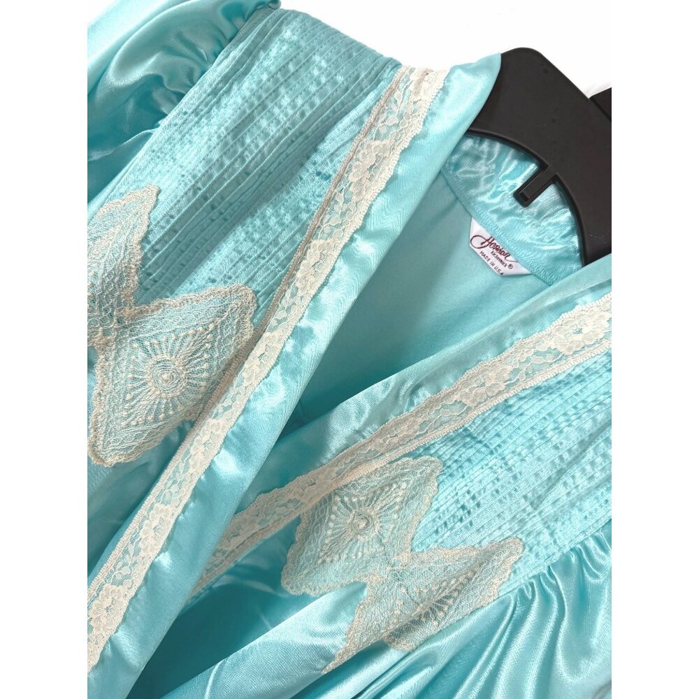 size S Vintage Aqua Satin Robe Lace Trim Silkalure Women's Long Sleeves Belted s - Picture 6 of 9